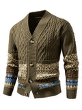 Winter New Striped Geometric Pattern Button Thickened Long Sleeve Sweater Men'S Warm Knit Cardigan X - Olive Green