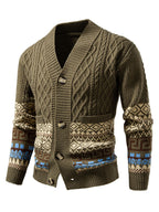 Winter New Striped Geometric Pattern Button Thickened Long Sleeve Sweater Men'S Warm Knit Cardigan X - Olive Green