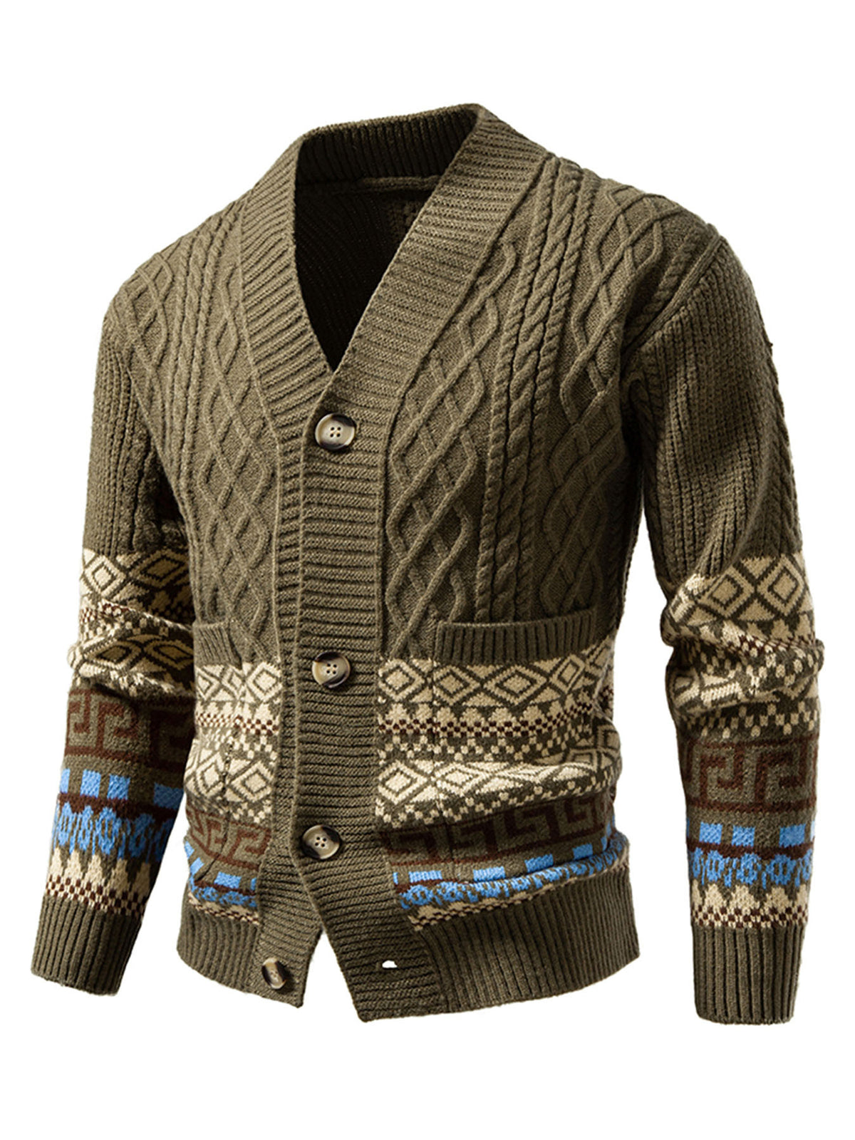 Winter New Striped Geometric Pattern Button Thickened Long Sleeve Sweater Men'S Warm Knit Cardigan X - Olive Green