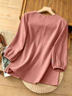 French-Style Gentle Textured Shirt with V-Neck, Lace Floral Design, Lantern Sleeves, Loose Fit, Relaxed Style, Versatile Daily Top - Peach