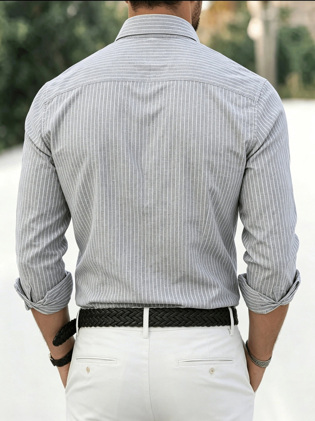 Classic Men's Striped Oxford Shirt with Chest Pocket, Button- Collar, Versatile Long-Sleeve Top for Daily Commute - Gray Stripes