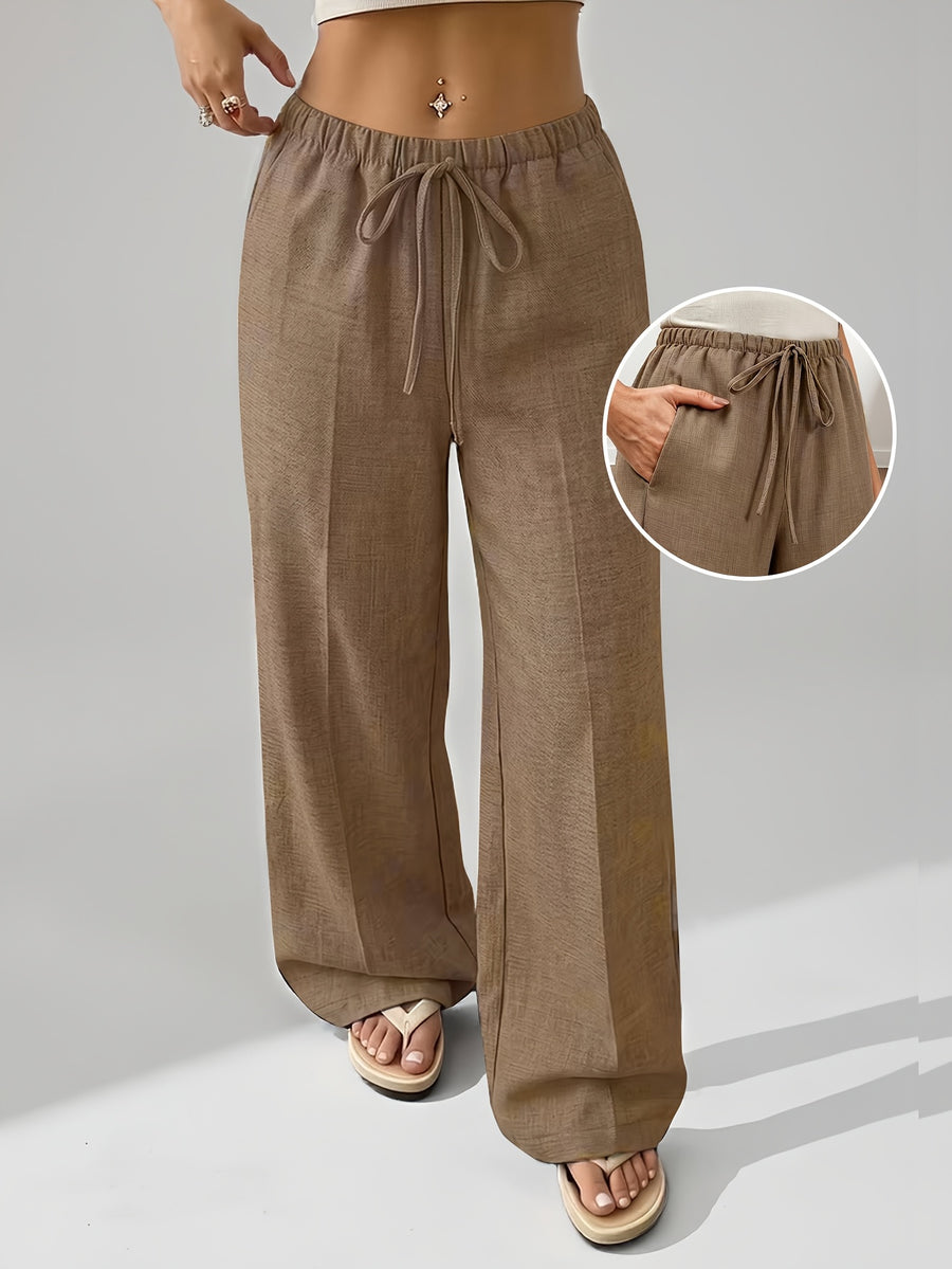 Summer Women'S Casual All-Match Straight Trousers with Elastic Waist And Fake Drawstring Design, Loose Comfortable Wide-Leg Pants Suitable for All Seasons, Outdoor Running And Athletic Long Pants - Khaki