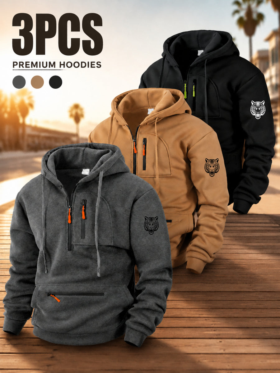 Men'S Hoodie Multi-Zipper Pocket Design Tiger Head Print Casual Streetwear Autumn Winter 3pcs - Dark Gray + Khaki + Black