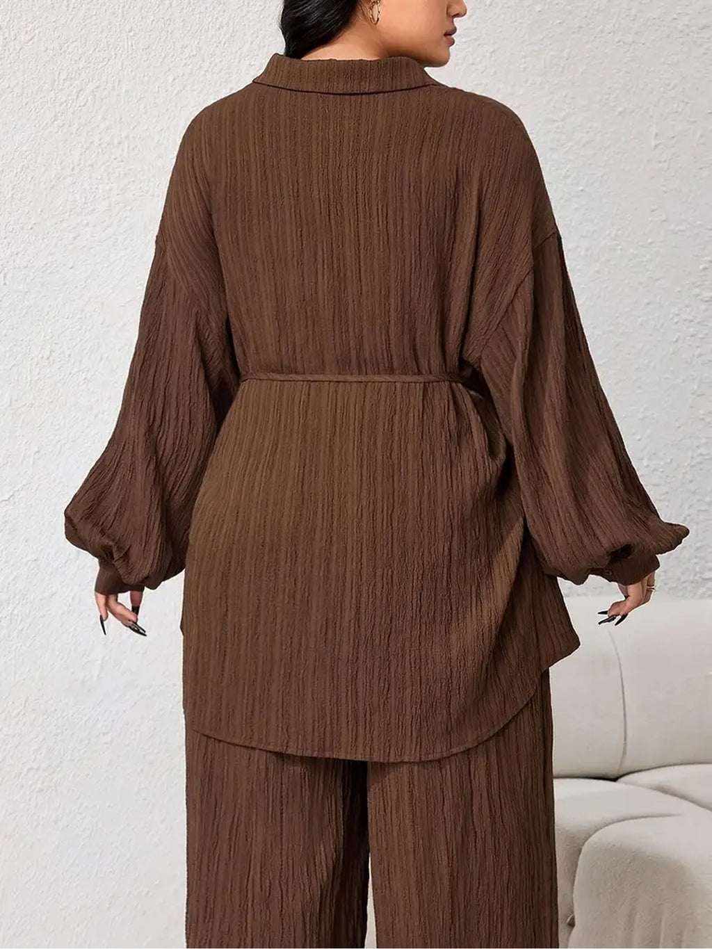 Solid Color Drop Shoulder Single-Breasted Top with Wide Leg Pants Casual Suit - Coffee Color
