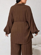 Solid Color Drop Shoulder Single-Breasted Top with Wide Leg Pants Casual Suit - Coffee Color