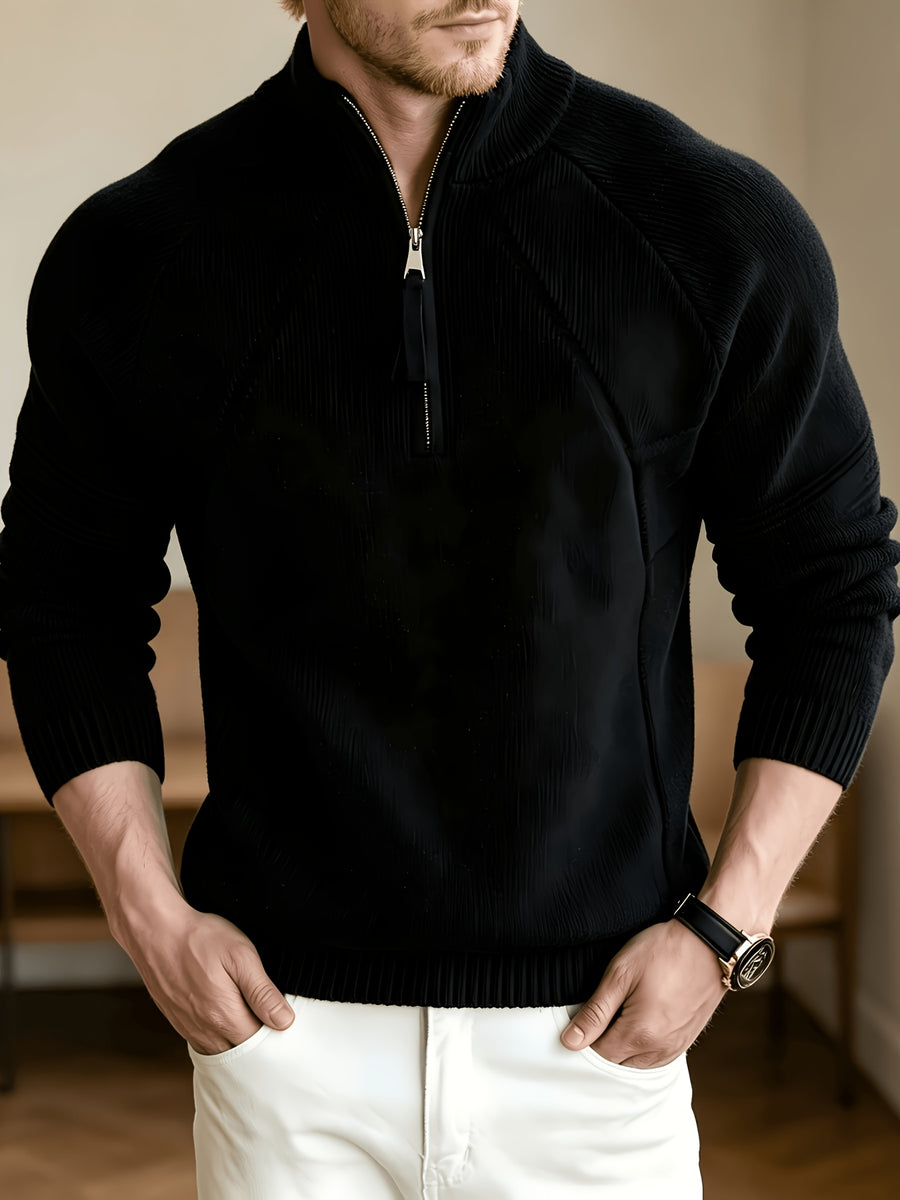 Business-casual Men's Half-zip Knit Pullover, Raglan Sleeve Textured Fabric with Ribbed Cuffs, Loose-fit Sweater, Suitable for Daily Wear, Office, and Weekend Outings in Autumn and Winter - Black