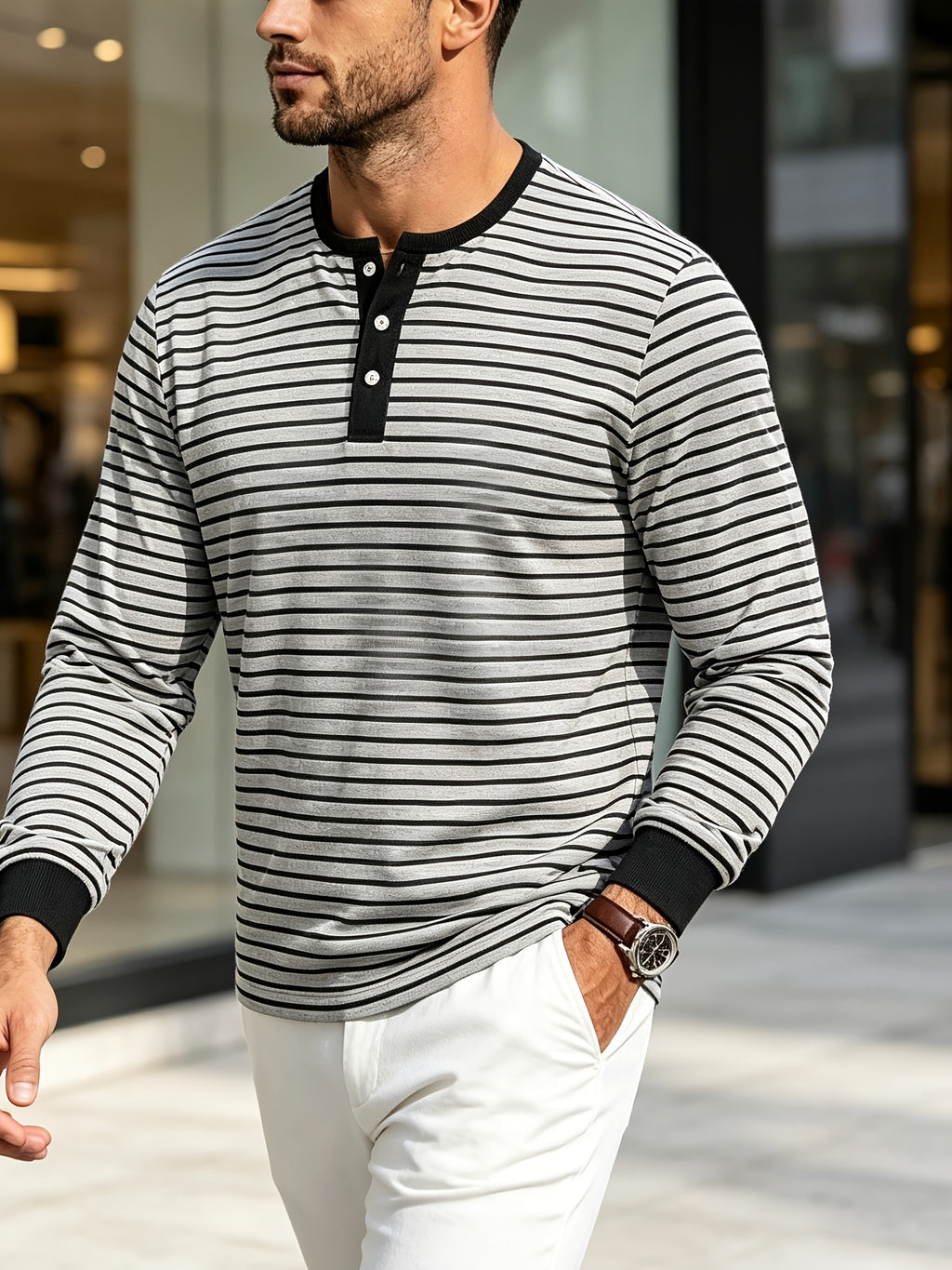 New Men's Striped Henley Neck Long Sleeve T-Shirt, Contrast Color Placket Button Casual Slim Fit Base Layer Top for Spring and Autumn - Light Grey