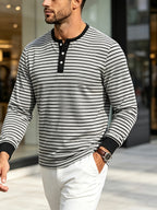 New Men's Striped Henley Neck Long Sleeve T-Shirt, Contrast Color Placket Button Casual Slim Fit Base Layer Top for Spring and Autumn - Light Grey