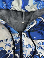 Vintage Japanese Art Wave Pattern Printed Fashion Men's Plush Thick Long-Sleeved Cardigan Coat Winter Warm Zipper Hooded Coat - Vibrant Blue