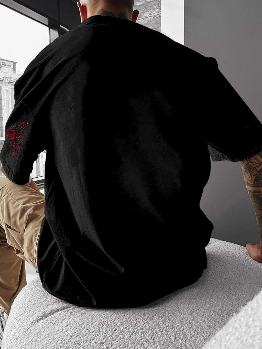 Y2K Gothic Dark Style Red Rose And Thorns Print T-Shirt - Men'S T-Shirt, Round Neck T-Shirt for Men Summer Clothing, Men'S Clothing, Streetwear - Black