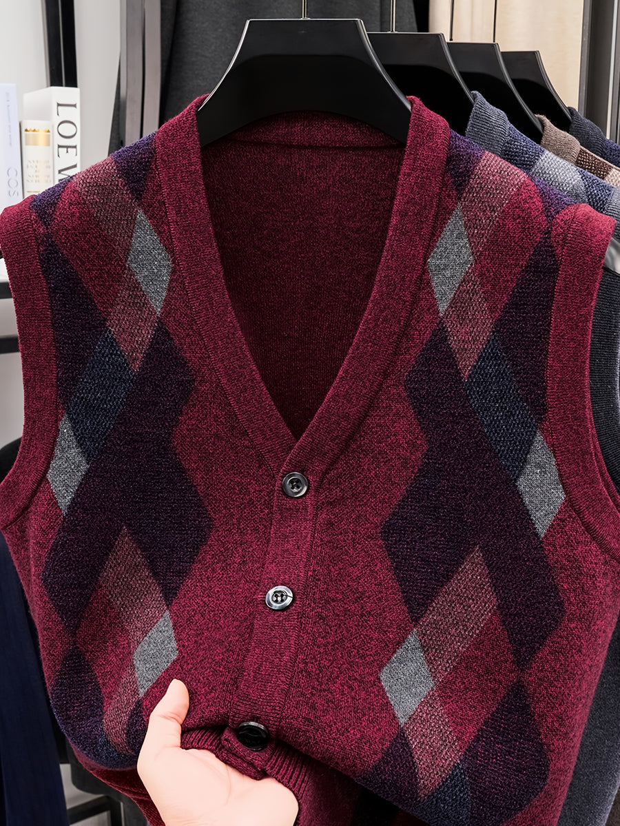 Men's Business Casual Button-Up Knit Sweater Vest - Red