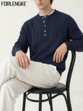 FORLENGKE Men's Autumn/Winter American-Style Relaxed Holiday Twist-Knit Henley Neck Knit Top, Solid Color Versatile for a Vacation Vibe, Suitable for Autumn/Winter Seaside Strolls, Town Wanders, Short Trips, Picnics, and Gatherings - Navy Color