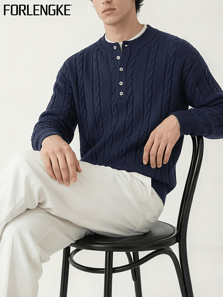 FORLENGKE Men's Autumn/Winter American-Style Relaxed Holiday Twist-Knit Henley Neck Knit Top, Solid Color Versatile for a Vacation Vibe, Suitable for Autumn/Winter Seaside Strolls, Town Wanders, Short Trips, Picnics, and Gatherings - Navy Color