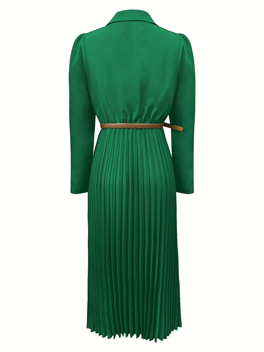 Spring/Autumn Long Sleeve Lapel Elegant Fashion Versatile Ruched Dress with Belt, Women'S - Green