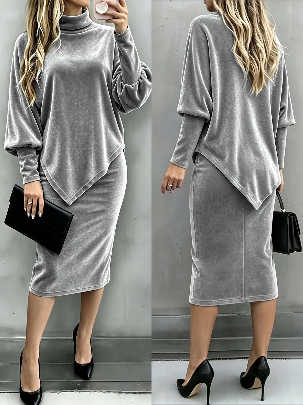 Women'S Autumn Winter New Style, Skirt And Top Two-Piece Set: Elegant Solid Color High Neck Long Sleeve Irregular Top with Casual Commuter Mid-Length Stretchy Skirt - Grey
