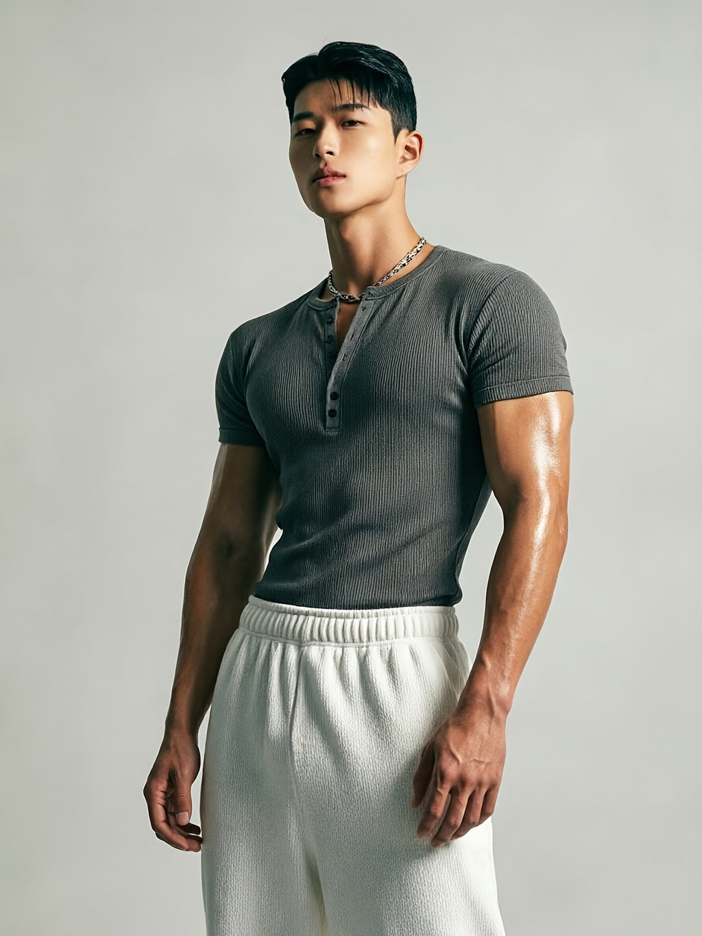Men's Slim-Fit Henley Neck Knit Short-Sleeve T-Shirt. High-stretch Ribbed Fabric Accentuates Muscle Definition, Breathable and Sweat-wicking for a Non-stuffy Feel. Suitable for Multiple Occasions Including Fitness Training, Daily Commutes, Spring - Dark Gray