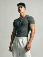 Men's Slim-Fit Henley Neck Knit Short-Sleeve T-Shirt. High-stretch Ribbed Fabric Accentuates Muscle Definition, Breathable and Sweat-wicking for a Non-stuffy Feel. Suitable for Multiple Occasions Including Fitness Training, Daily Commutes, Spring - Dark Gray