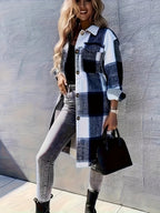 Plaid Print Long Length Jacket, Casual Button Front Flap Pockets Outwear, Women's Clothing - Blue