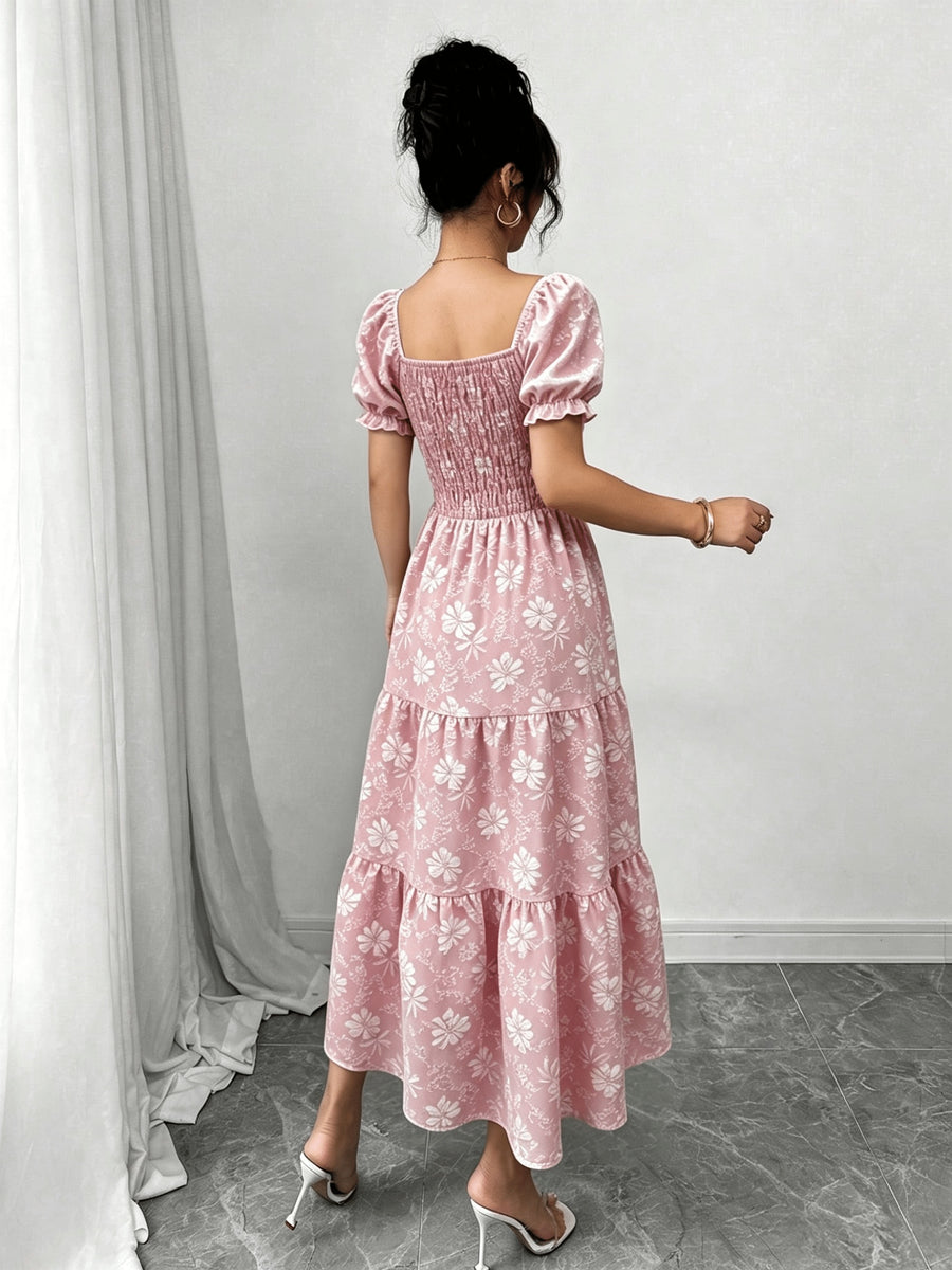 Women'S Ruched Square Neck Short Sleeve Ruffled Hem Dress with Ditsy Floral Print, Suitable for Casual, Work, Travel, Beach, Bohemian, Western, Music Festival, Countryside Style - 02-Tender Pink