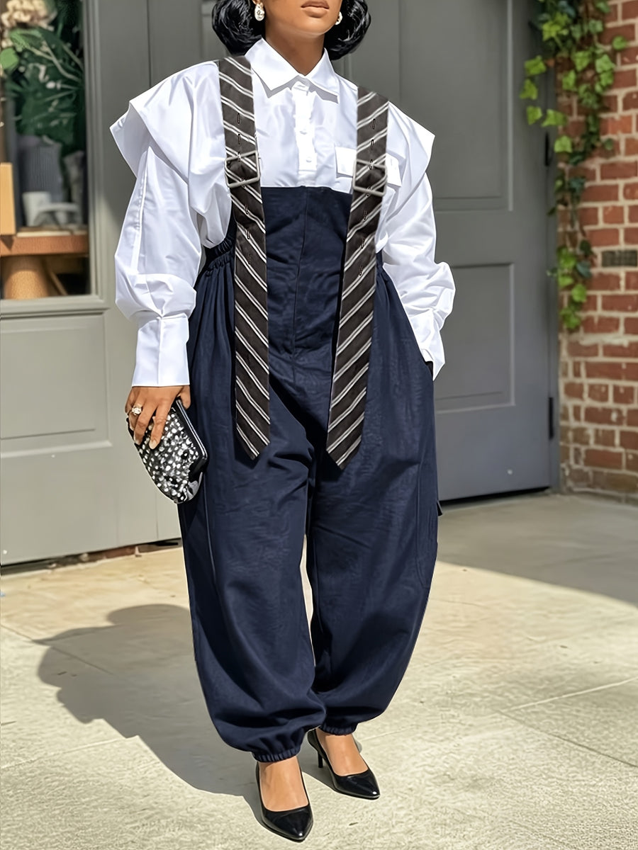 2026 New Women's Loose-Fit Buttoned Wide-Leg Pants, Stylish and Versatile Casual Jumpsuit, Casual Striped Overalls with Metal Adjustable Shoulder Straps, Suspender Overalls with Tie Accents, Wide-Leg Cargo Jumpsuit - Navy Color