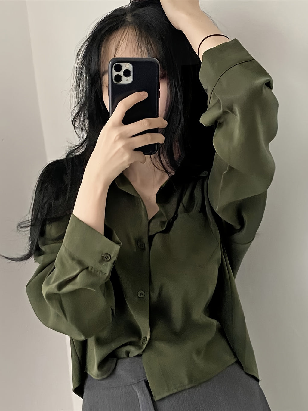 Easy Versatile Single-Button Loose Casual Solid Color Long Sleeve Shirt Top Women'S - Green