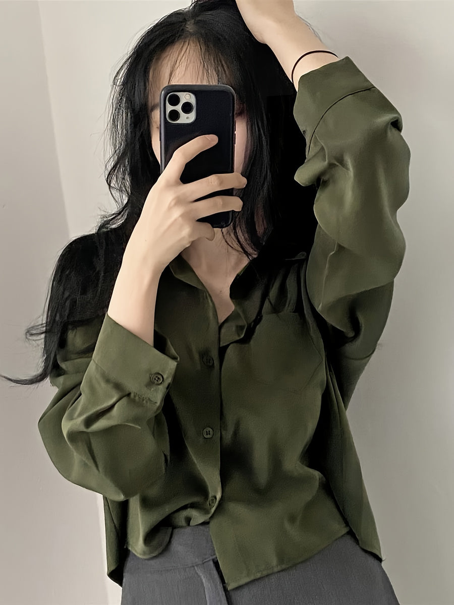 Easy Versatile Single-Button Loose Casual Solid Color Long Sleeve Shirt Top Women'S - Green