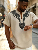 2026 New American Summer Men'S Lightweight Bamboo Rayon Rayon Braid Loose Rune Print V-Neck Casual Short Sleeve - Khaki
