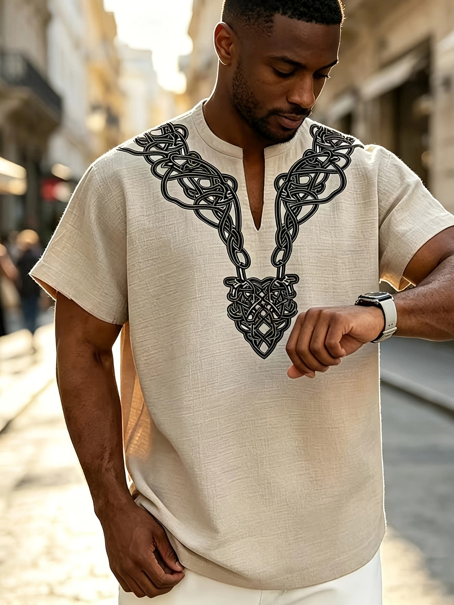 2026 New American Summer Men'S Lightweight Bamboo Rayon Rayon Braid Loose Rune Print V-Neck Casual Short Sleeve - Khaki
