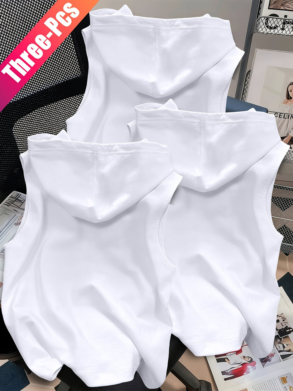3pcs Men's Hooded Tank Tops - Korean Style Sleeveless Vests, Loose Fit Slimming Athletic Shirts Suitable for Summer Gym, Layering Base Layers, Machine Washable Solid Color Tops, Multi-Color Options for Casual & Outdoor Wear - White+white+white