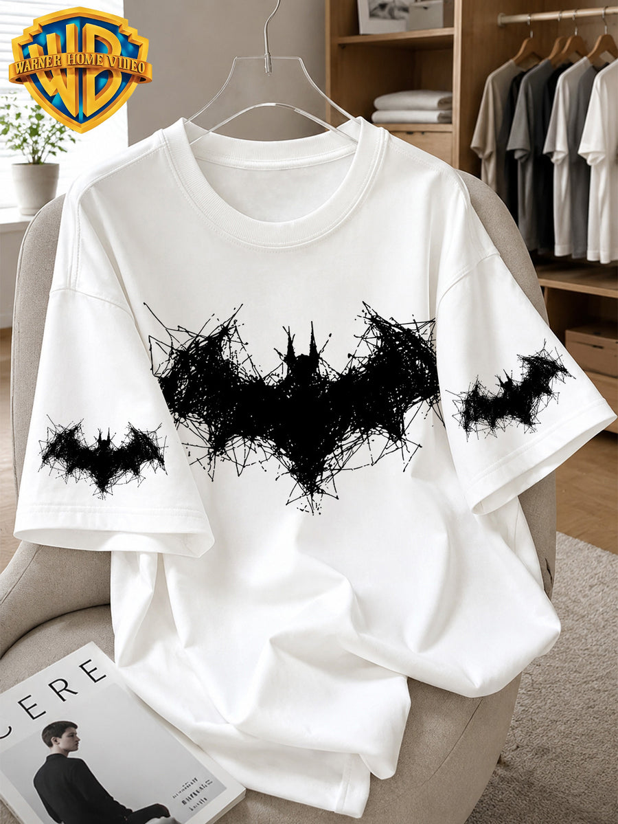 Warner Bros. Officially Licensed Batman Abstract Line Drawing Logo Printed Men's Cotton Short-Sleeved T-Shirt, American Retro Street Style, Soft and Breathable, Suitable for Daily Wear, Streetwear, Fitness, and Outdoor Use - White
