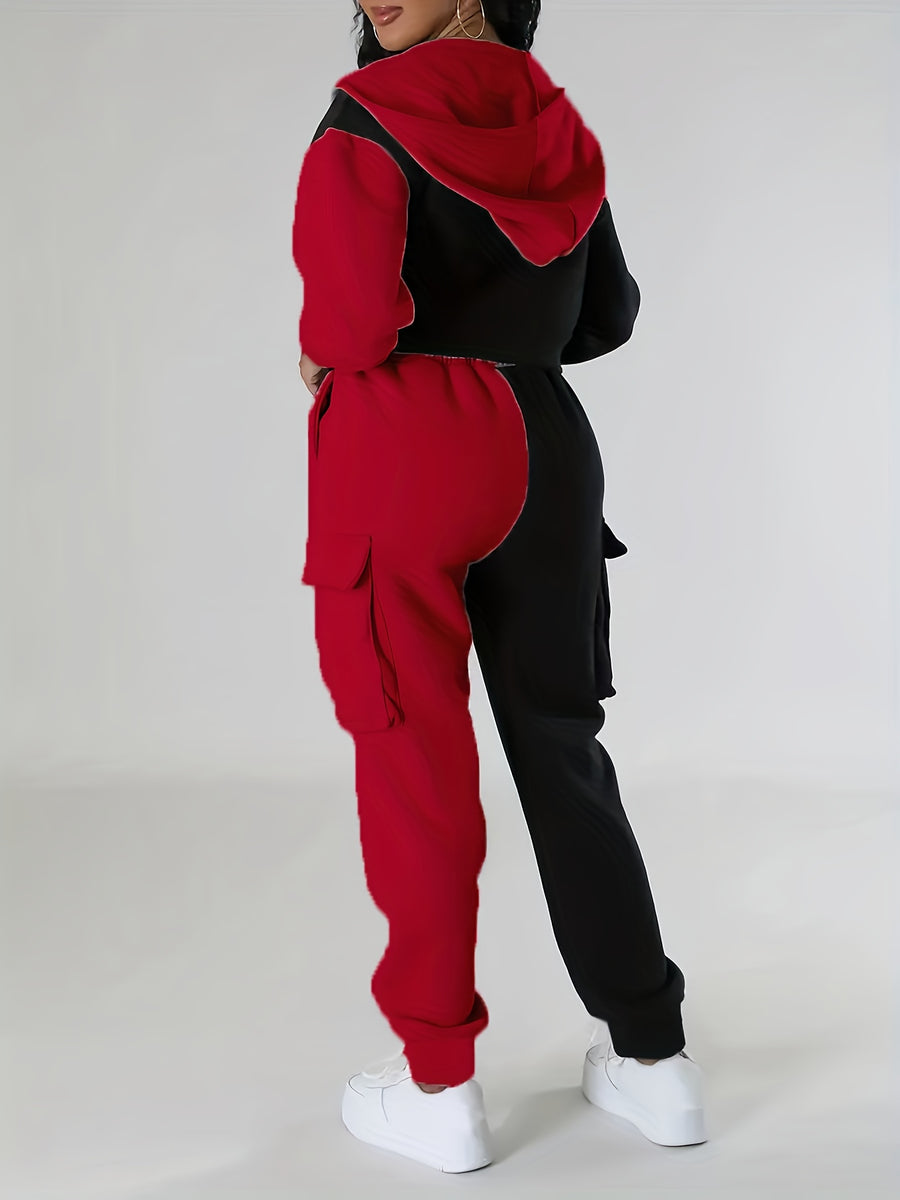 Fashion Women'S Clothing, Color-Block Hooded Casual Set - Black And Red