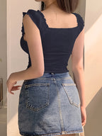 Women's Sexy Fresh Elastic Ruffle Strap Design Chest Elastic Fashion Ruched Tank Top - Navy Color
