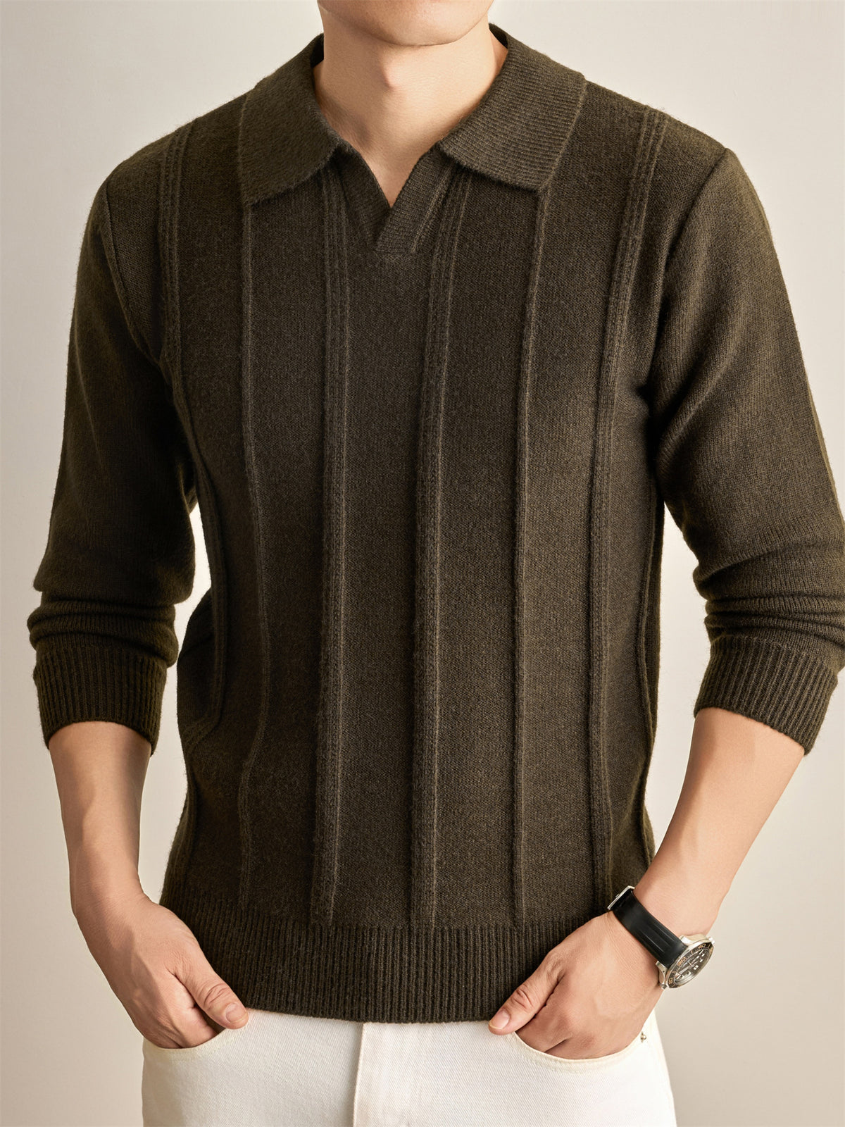 Men's Solid Color Lapel Polo Sweater - Thick Warm Knit Pullover with Lapel Collar, Long Sleeve Winter Sweater Suitable for Fall/Winter, Casual Office Wear, Basic Knitwear for Layering (Hand Washable) - Brown