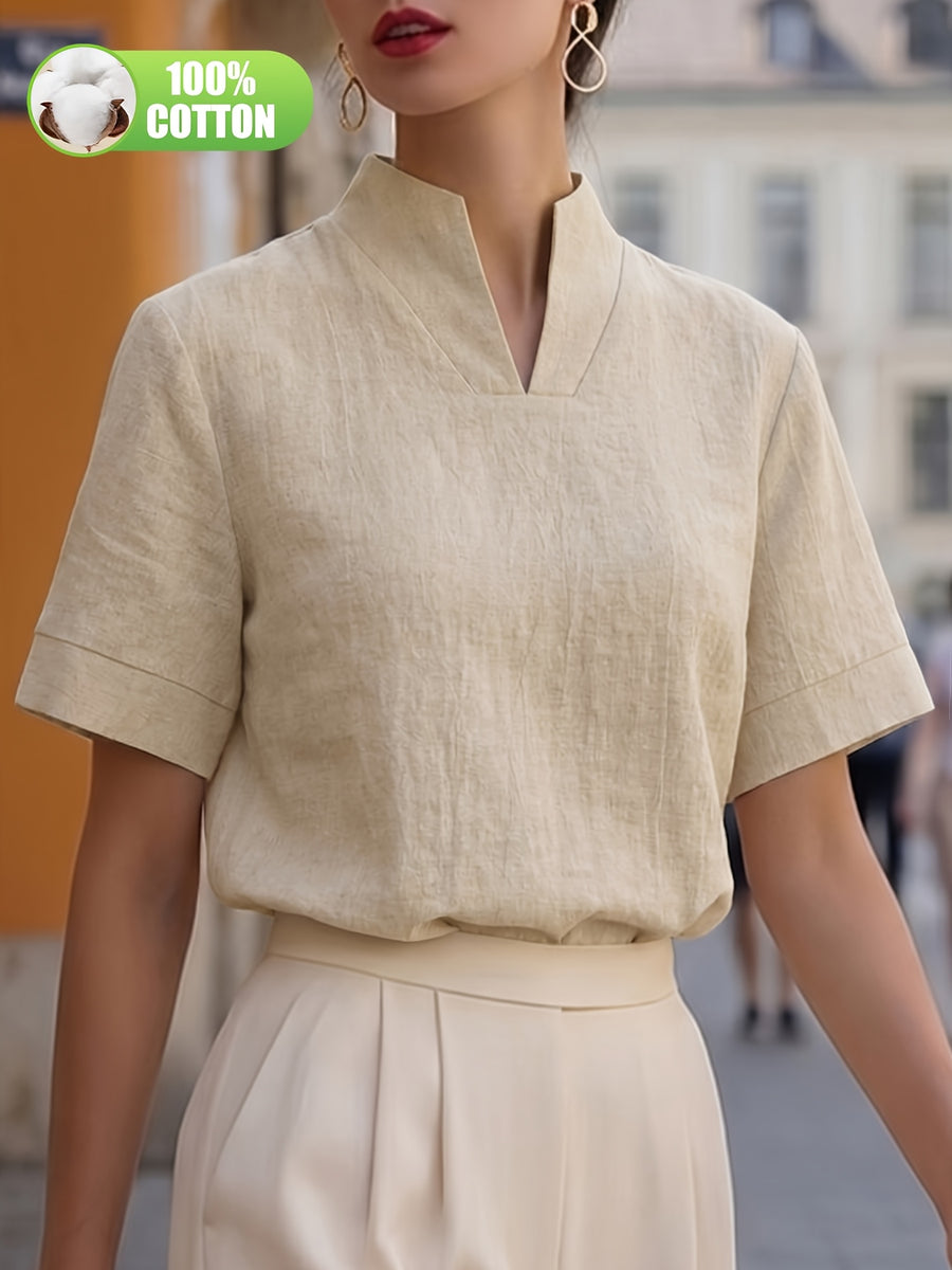 Elegant and Summer New Style Fashionable 100% V-Neck Back Zipper Short Sleeve Everyday Versatile T-Shirt Top ASD1 for Women of Distinguished Temperament - Linen