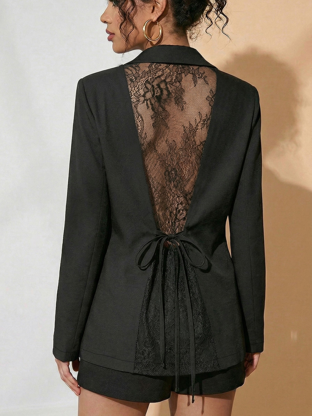 Western Style Blazer with Lace Patchwork, Elegant Temperament Tie-Up Design - Black