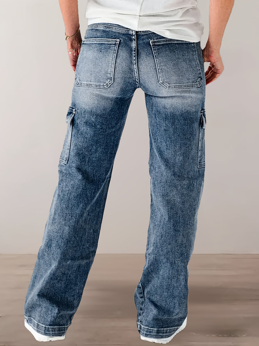 XS8124# New Women'S Jeans, Waist Drawstring, Women'S Spleen Bag Denim Pants - Medium Blue