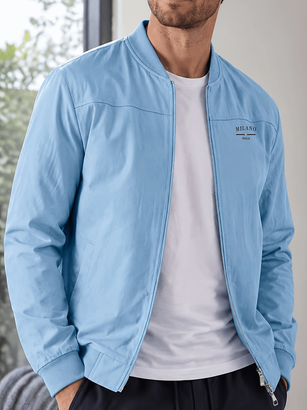 Men's Autumn/Winter 100% Zip-Up Pilot Jacket Coat, MILANO Print Zipper Stand Collar Casual Baseball Jacket, 6 Colors Available, Casual, Simple, Breathable, Lightweight Outerwear Winter Clothes for Men - Light Blue
