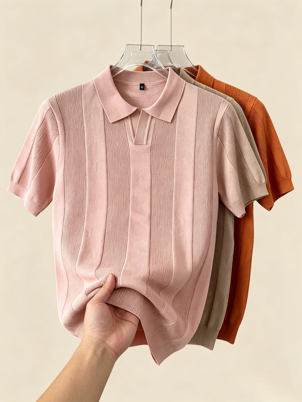Men 3pcs Vertical Textured Knit Polo Shirts, Slim Fit Notch Collar Short Sleeve Knitwear, Lightweight Comfort Shirts for Office Vacation Daily Wear - Orange-Light Brown-Pink