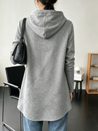 Women's Mid-Length Hooded Sweatshirt, Loose Fit, Hip-Covering, Letter Print, Drawstring Pullover Top - Light Grey