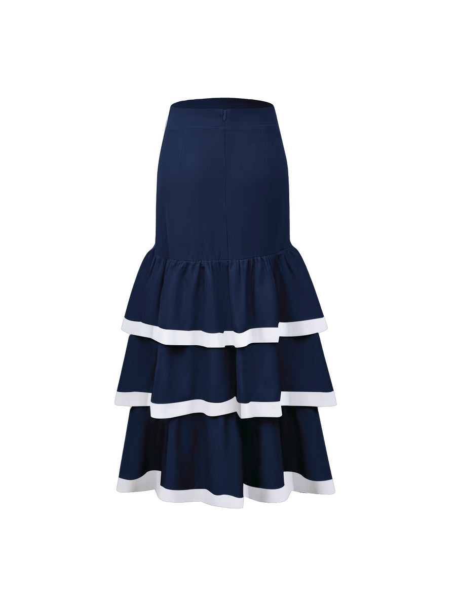Autumn Versatile Color-Block Elegant Party Gathering Ruffle Hem Women's Skirt - Navy blue color