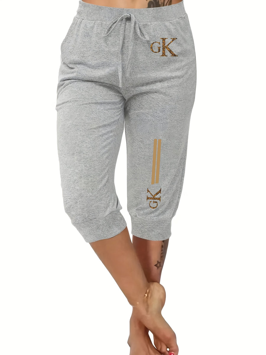 Summer Women'S Golden Geometric Pattern Letter Print Ankle-Cinching Sweatpants, High-Waist Drawstring Casual Bermuda Shorts - Light Grey