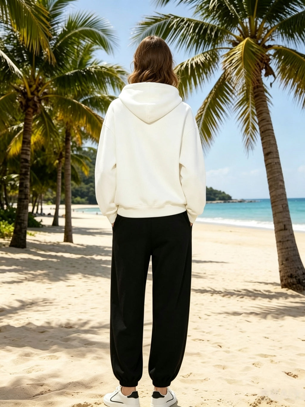 Lazy Style Loose Sweatshirt and Sweatpants Set, Long Sleeve Hooded Top and Jogger Pants, Daily Running Sportswear - White sweatshirt + black sweatpants