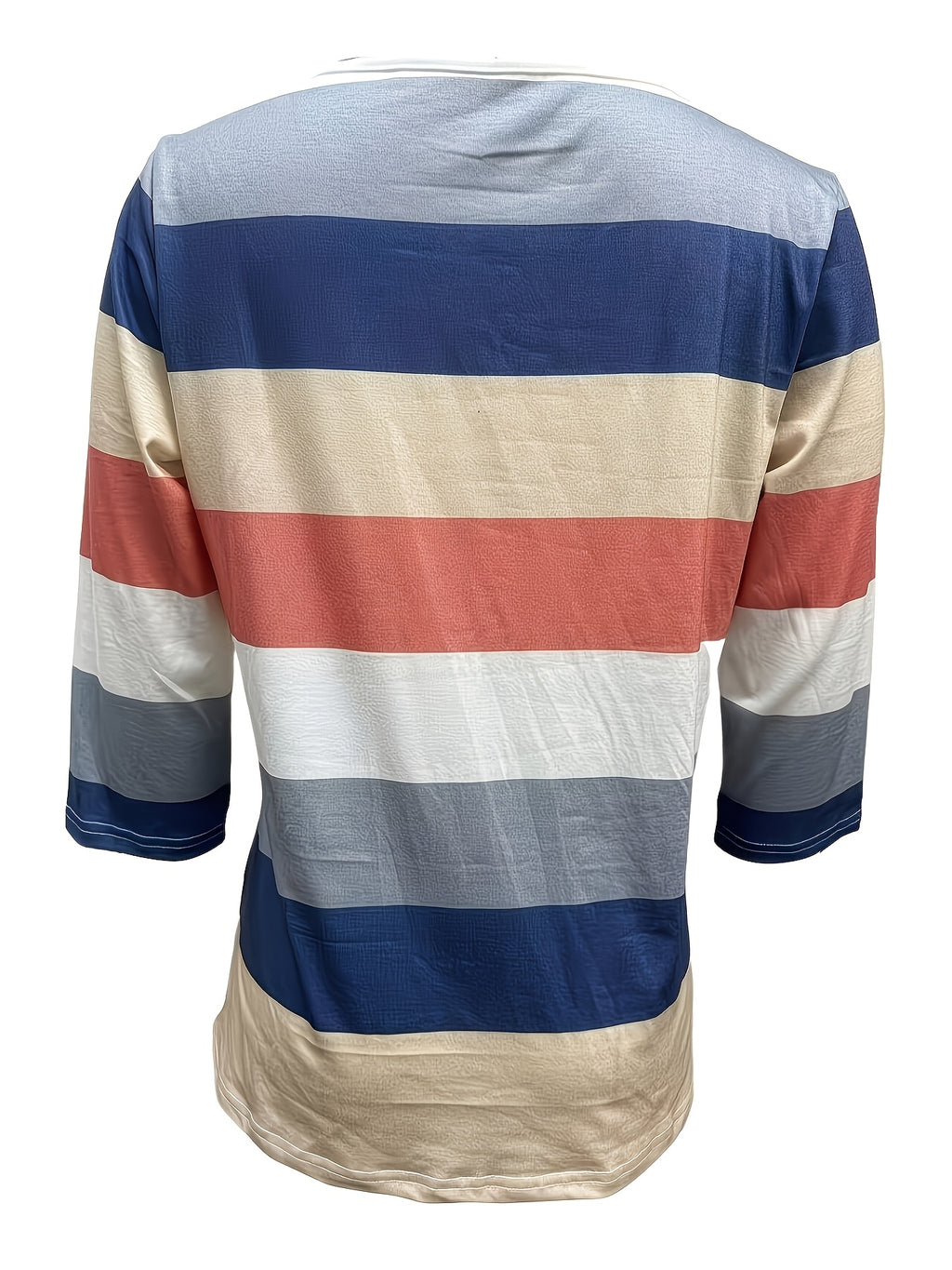 Women's Fashion New Spring/Summer Striped Print V-Neck Button-Up Three-Quarter Sleeve Loose Fit Casual Top Base Tee, Comfortable and Stylish - Suitable for Daily Wear and Home - Blue Mixed Yellow