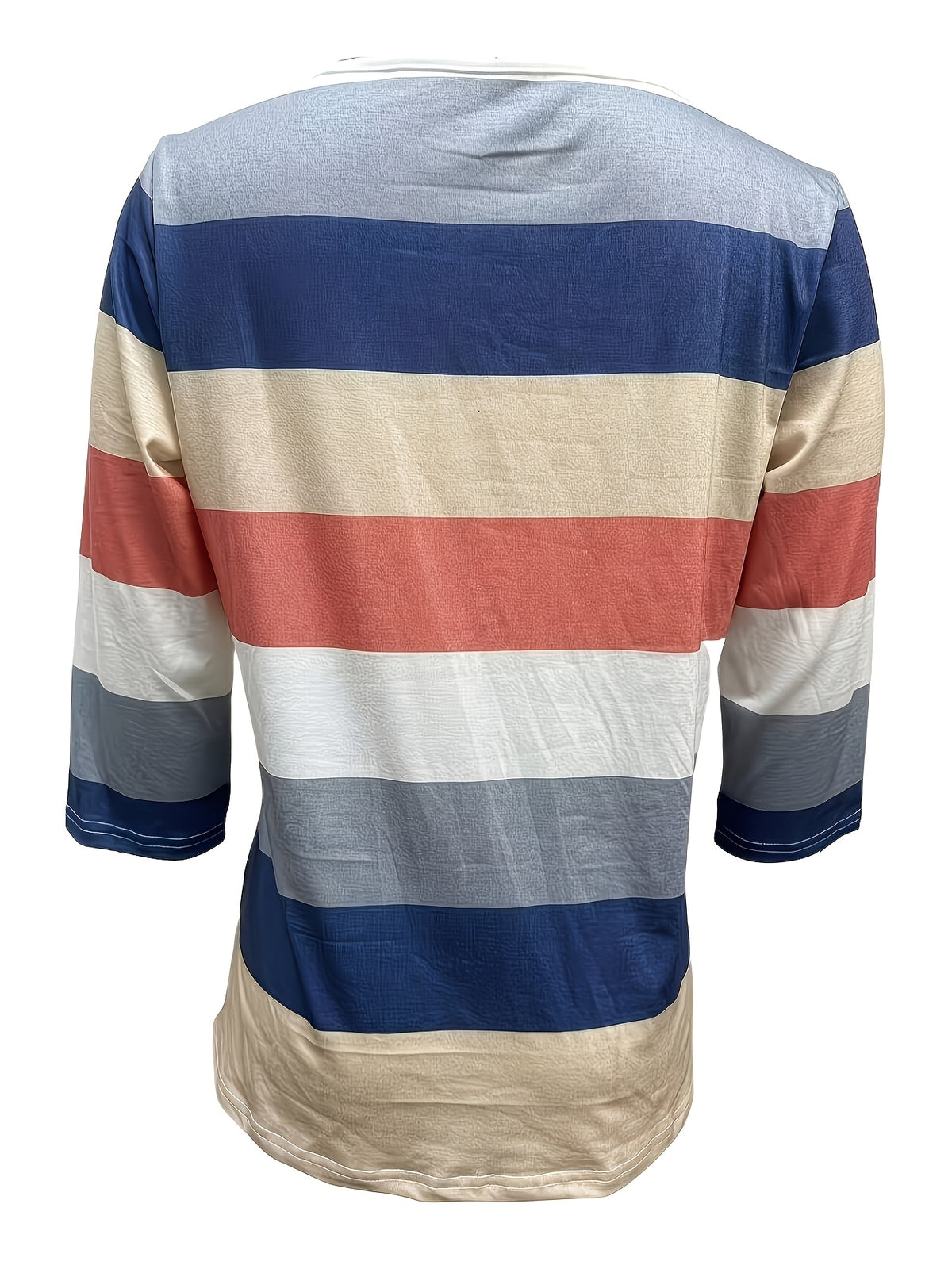 Women's Fashion New Spring/Summer Striped Print V-Neck Button-Up Three-Quarter Sleeve Loose Fit Casual Top Base Tee, Comfortable and Stylish - Suitable for Daily Wear and Home - Blue Mixed Yellow