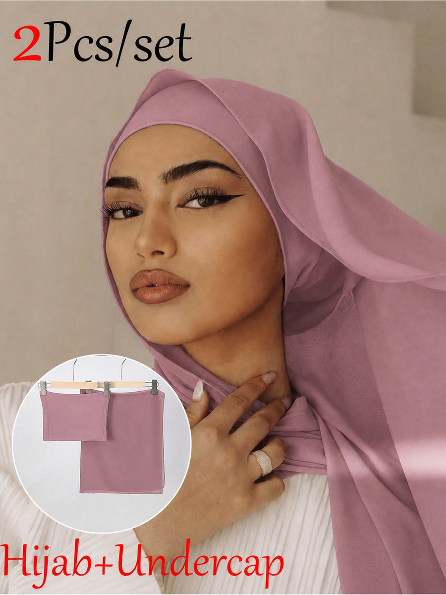 2pcs/Set FONSAF Women' Chiffon & Tube Cap - Solid Color Muslim Headscarf with Jersey Inner Cap, Breathable Chiffon Suitable for Prayer, Work, Daily Wear, Conservative for All Seasons, Suitable for Work, Commute, Outing, Party - Dusty Rose