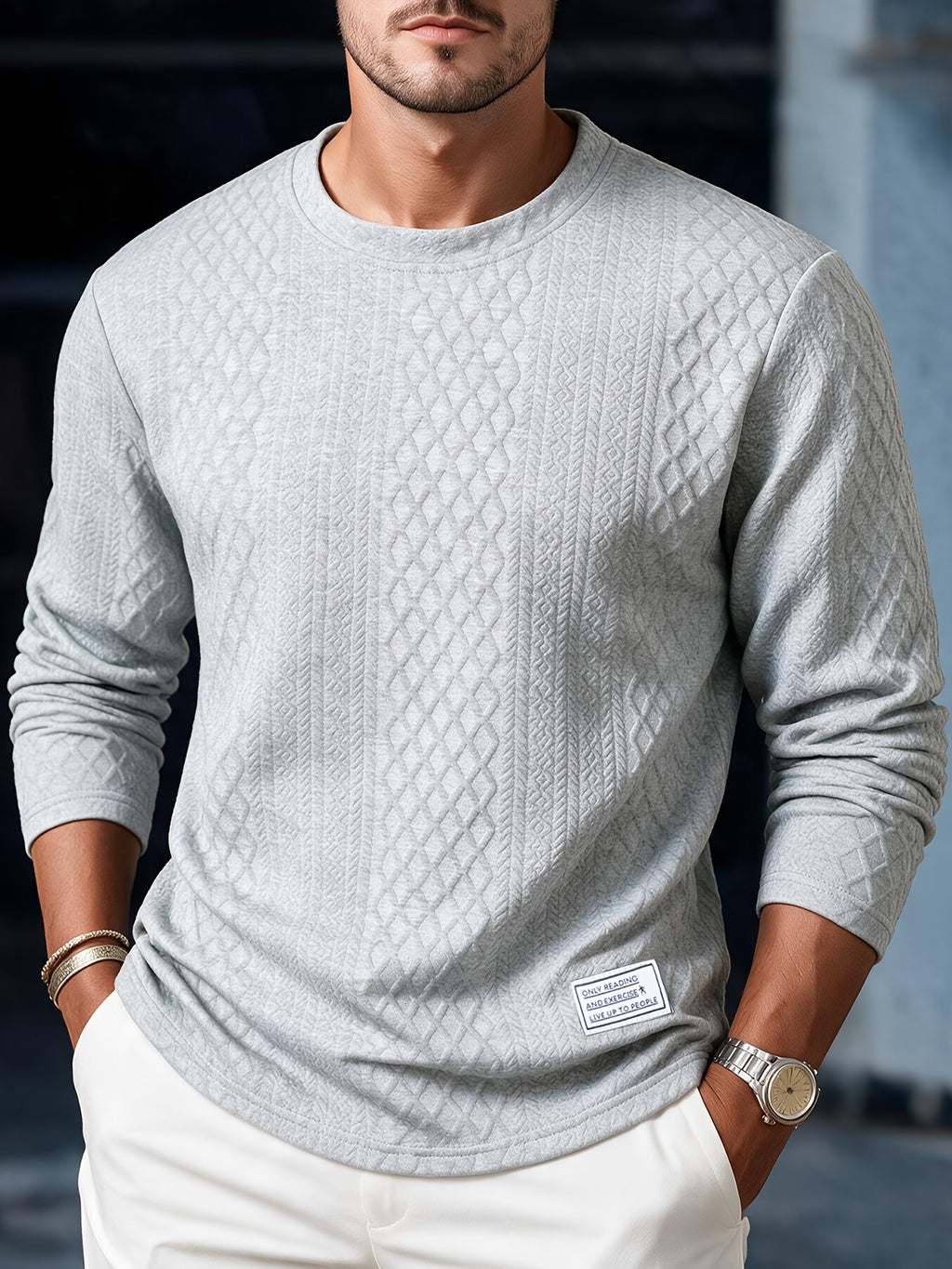 Josh Mei's Selection: Henley Collar Shirt, 2026 Autumn/Winter European and American Style Men's Casual Jacquard Crew Neck Long Sleeve Pullover Sweater Short Sleeve - Light Grey