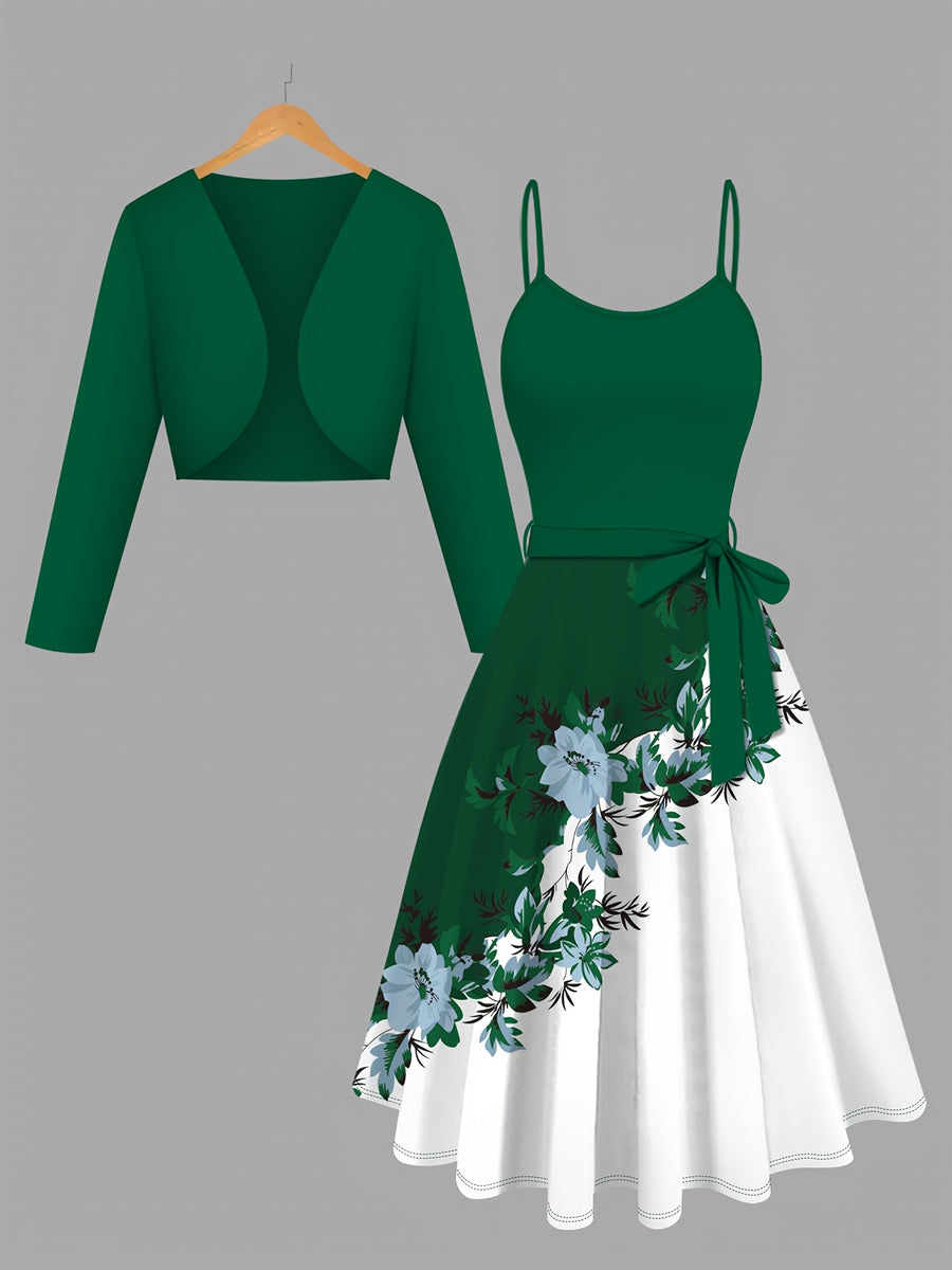 Women's Suit Blue Cardigan Jacket and Flower Print Contrasting Color Suspender Dress with Lace-up 2pcs Set Temperament Daily Party Ladies' Clothing - Green