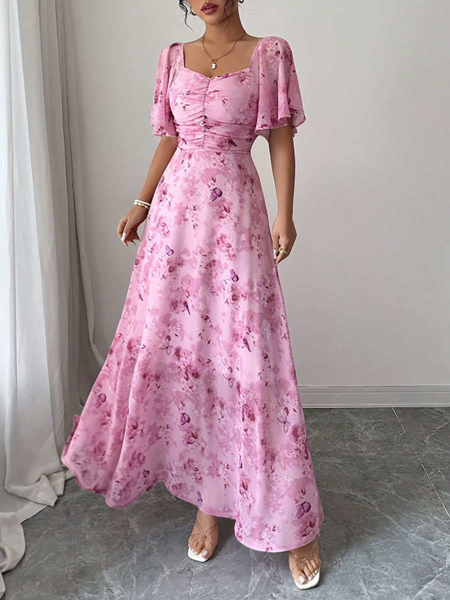 Women'S Elegant Exquisite Date Party Attire Square Neck Ruffle Sleeve Floral Print Tailored Waist-Cinched A-Line Fashionable Romantic Wedding Guest Graduation Birthday Evening Gown Bridesmaid Dress - Pink