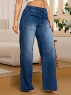 8433# Women's Fashionable Versatile Straight-Leg Wide-Leg Stretch Jeans with Back Pockets, Drawstring, and Elastic Waistband - Medium Blue