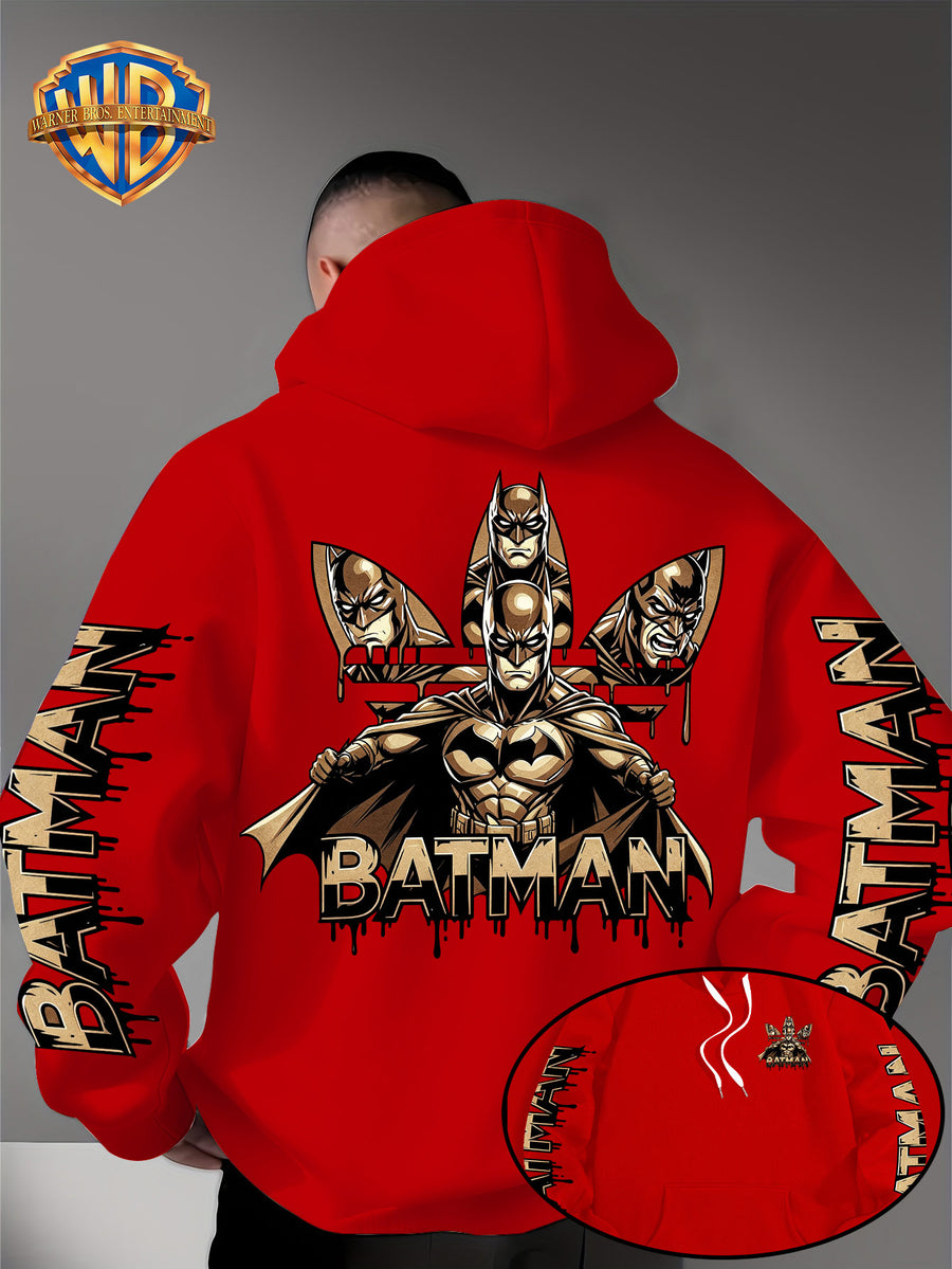 Warner Bros. Official Men's Hooded Sweatshirt - 1pc, Batman BATMAN Vintage Black and Golden Drip Lettering Creative Print, Trendy and Cool DC Superhero IP Graphic Hoodie, Skin-Friendly, Comfortable, and Warm Fabric, Kangaroo Pocket with Ribbed Cuffs - Red